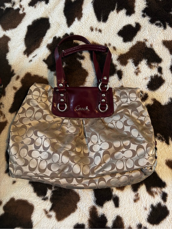 Coach Handbags - Coach Beige Signature Tote with Burgundy Leather Trim